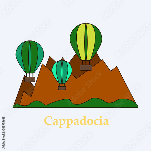 Illustration of a popular turkish travel destination Cappadocia. Balloons in the sky.