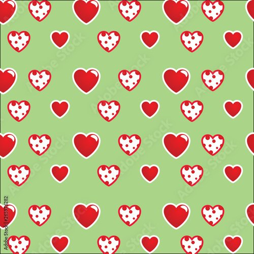 Beautiful pattern: white-red hearts on a bright green background. For textiles, fabrics. Romantic stylish print, texture in the style of pop art. Vector.