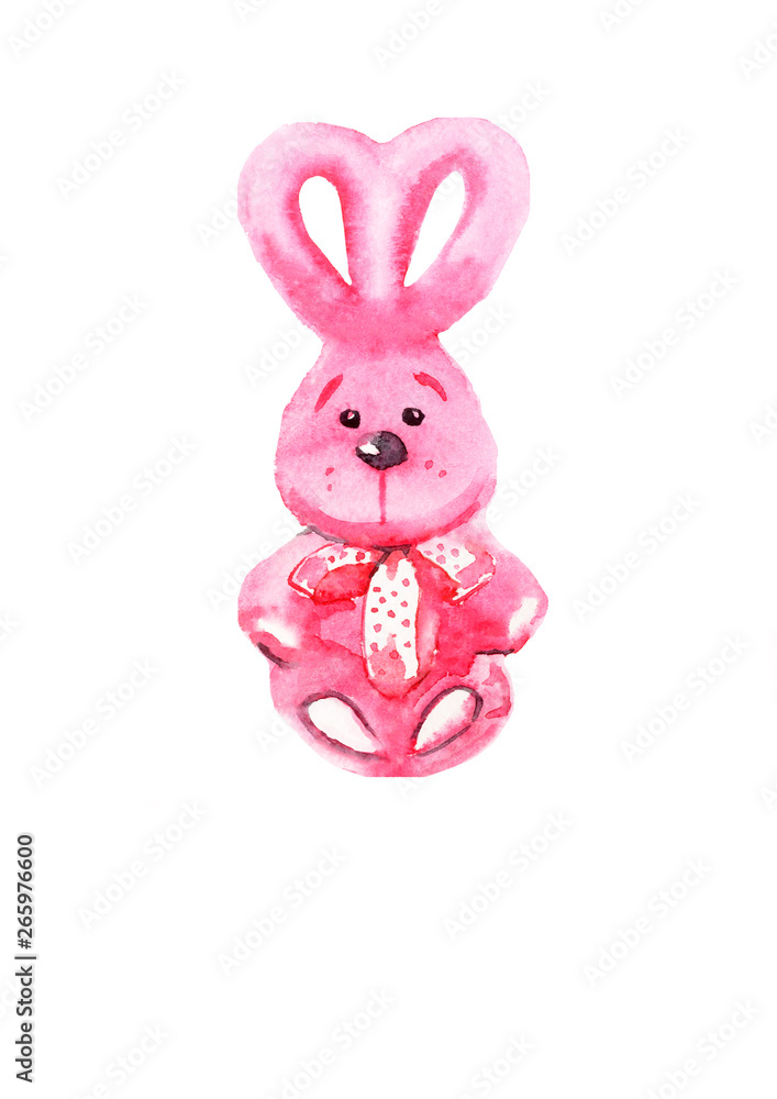Obraz premium Pink rabbit. Funny watercolor on a white background