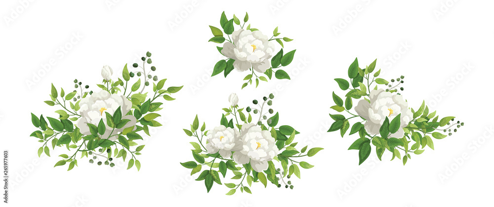 Vector set floral bouquet design garden white flower rose, peony