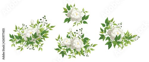 Vector set floral bouquet design garden white flower rose, peony. Natural branches, green leaves, herbs. Vector elegant cute rustic greeting, Invitation, wedding, communion, postcard 