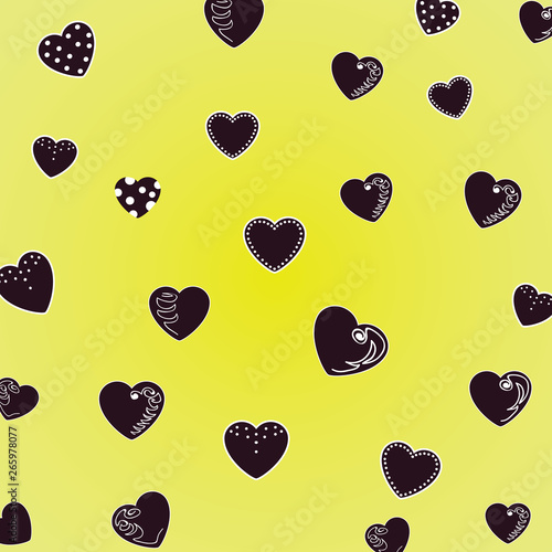 Beautiful pattern hearts on a yellow background. For textiles, fabrics. Romantic cute print, texture. Vector.