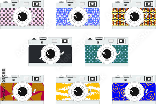 Camera set with various body colours and pattern - Retro, Vintage, pastel, modern. Flat graphic illustration vector compact slr or Dslr camera icon for design work