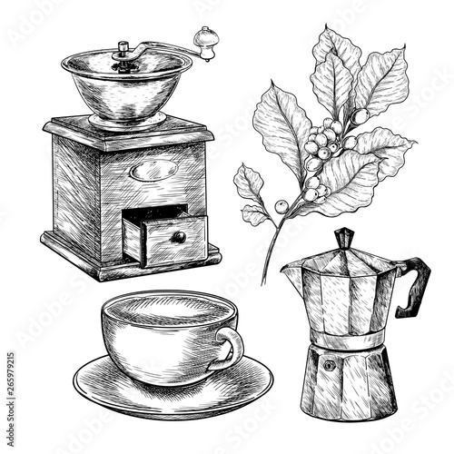 Coffee set. Hand drawn coffee set. Ancient grinder, geyser or moca, cup and branch. Vector engraved icon. Morning fresh drink. For restaurant and cafe menu, coffee shop flyer, banner design template.