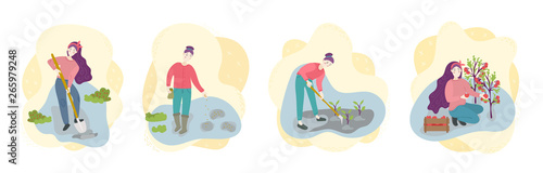 Steps of organic growing vegetables on field. Weman spug seedling, sow, dig, collect. Season agriculture harvest work scene set. Isolated flat trendy cartoon Illustration collection