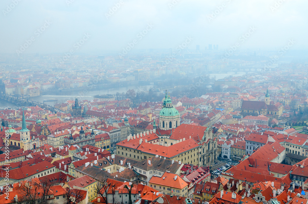 Beautiful top view of historical center of Prague and Vltava River, Czech Republic