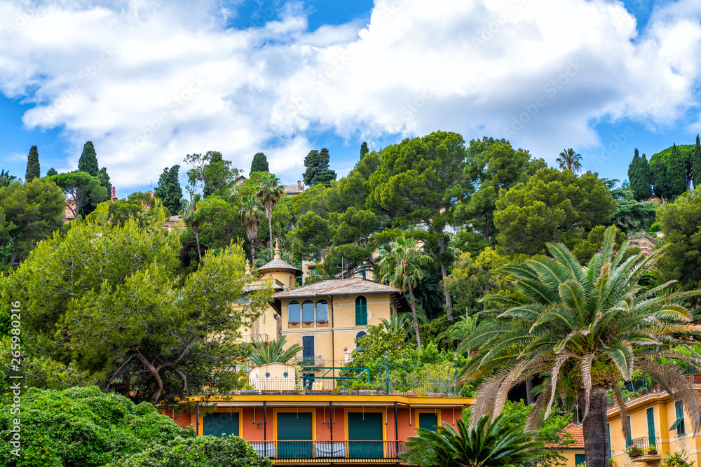 Morning view of Liguria landscape on coastline of mediterranean sea, Italy. View of the picturesque hill with luxury villas. Facades of villas in the lush garden.