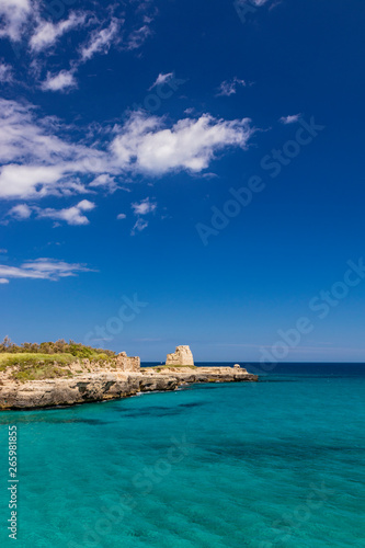 The important archaeological site and tourist resort of Roca Vecchia, Puglia, Salento, Italy. Turquoise sea, clear blue sky, rocks, sun, lush vegetation in summer. The sixteenth-century lookout tower