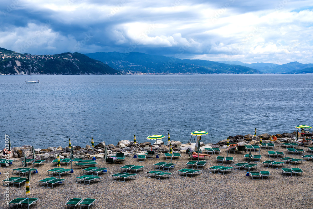 Fantastic summer view of sea and luxury beach. Splendid scene of Mediterranean sea, Liguria, province of La Spezia, Italy, Europe. Traveling concept background. Fantastic summer view of sea and luxury beach. Splendid scene of Mediterranean sea, Liguria, province of La Spezia, Italy, Europe. Traveling concept background.