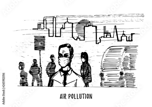 Air pollution, hand drawn illustration. Sketch of smoggy city, contamination environment theme in vector.