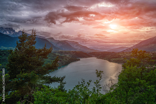 World environment concept. Dramatic cloudly sky. Sunset mountain landscape. Beautiful landscape of the Gorges Du Verdon in south-eastern France. Provence-Alpes-Cote d'Azur.