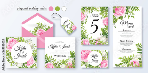 Wedding set square invitation, menu, envelope Floral design green watercolor fern leaves flower white pink foliage greenery decorative frame print Vector elegant cute rustic greeting invite postcard
