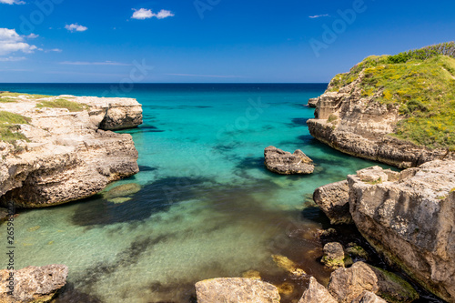 The important archaeological site and tourist resort of Roca Vecchia, in Puglia, Salento, Italy. Turquoise sea, clear blue sky, rocks, sun, lush vegetation in summer. Messapic Walls.