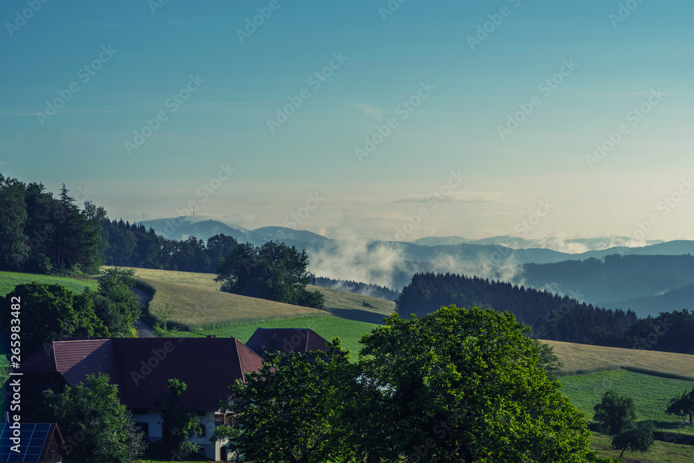 Naklejka premium Beautiful countryside mountain landscape with a village. Foggy sunset Germany, Black forest. Toned image. Sustainable ecosystem and healthy environment concept.