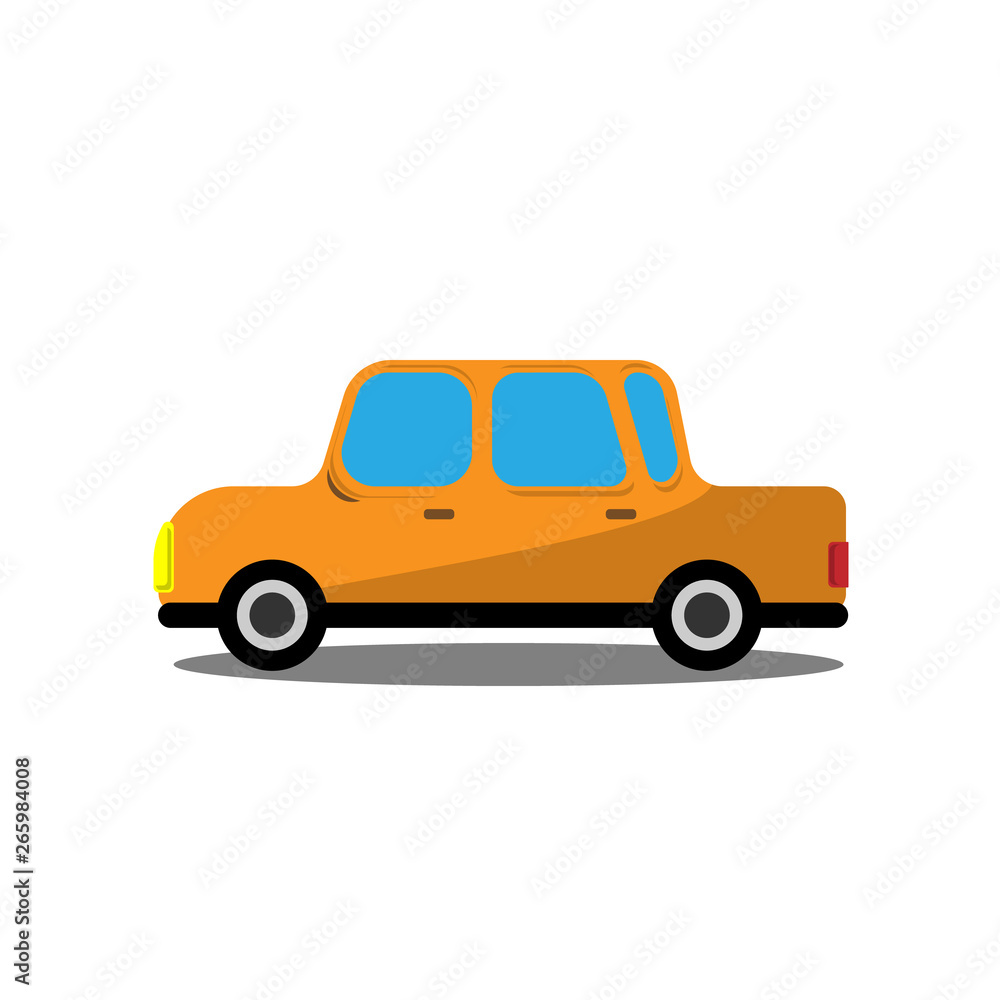 Beautiful, cartoon car on a white background. Yellow car. Vector illustration.