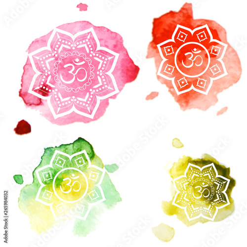 Diwali OM symbol on watercolor background. Vintage style decorative vector elements. Hand drawn background. Indian, vector badges for yoga studio, spirituality concepts.