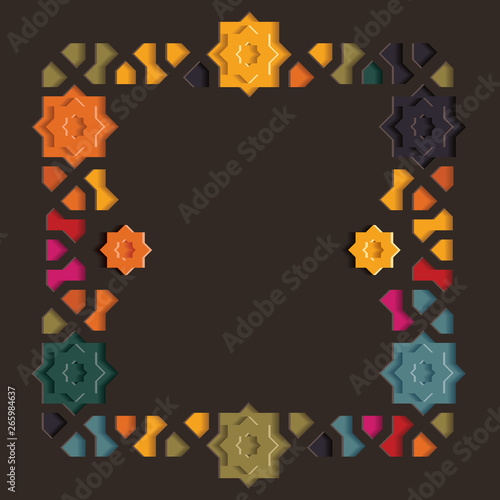 Arabic colorful arabesque design greeting card for Ramadan Kareem,Islamic ornamental detail of mosaic isolated on a dark background