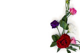 Bouquet of violet, white, pink and red flowers Eustoma ( Texas bluebells, bluebell, lisianthus, prairie gentian ) and red rose on a white background with space for text. Top view, flat lay