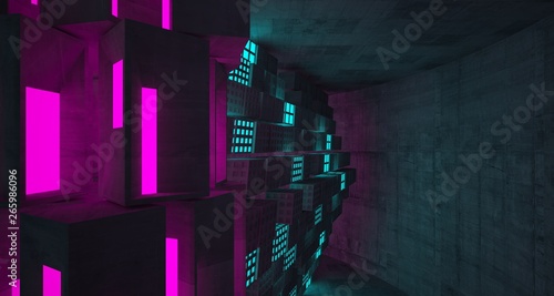 Abstract Concrete Futuristic Sci-Fi interior With Pink And Blue Glowing Neon Tubes . 3D illustration and rendering.
