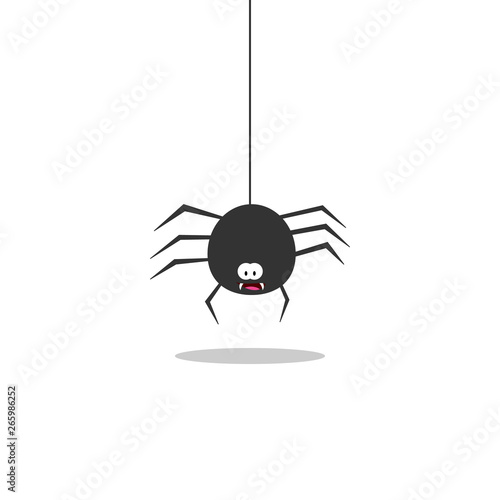 Black spider on a white background. Spider is coming down. Cartoon spiders.