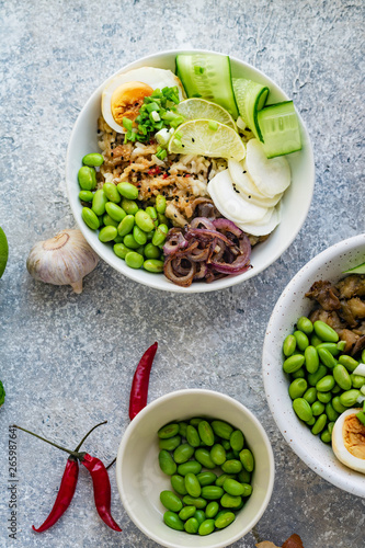 Vegetarian lunch bowl with marinated egg and edamame beans