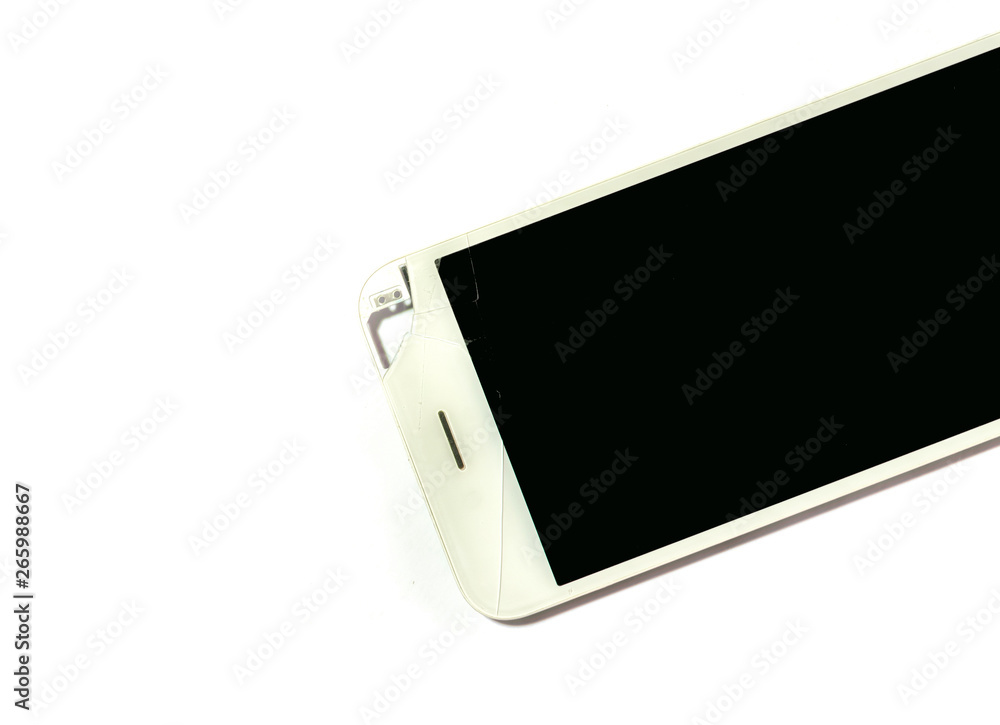The broken white phone screen isolated on white background The broken white phone screen isolated on white background