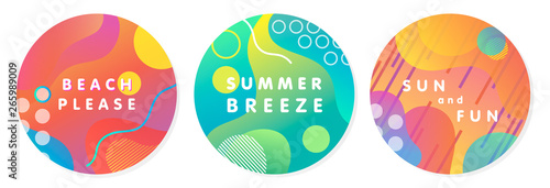 Unique artistic summer stickers with bright gradient background,shapes and geometric elements in memphis style.Abstract design cards perfect for prints,flyers,banners,invitations and more.
