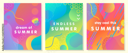 Unique artistic summer cards with bright gradient background shapes and geometric elements in memphis style.Abstract design cards perfect for prints flyers banners invitations special offer and more.