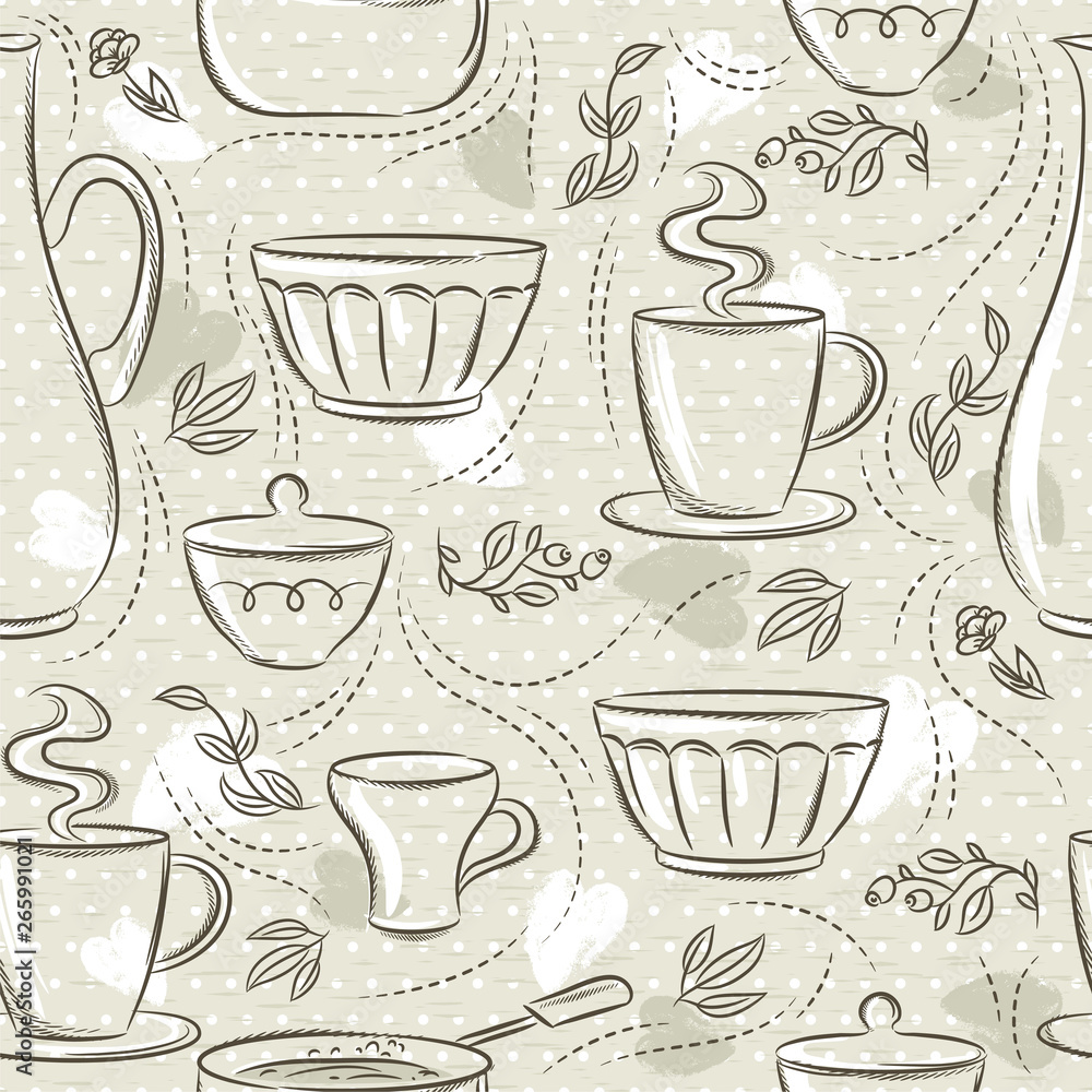 Beige seamless patterns with different tableware, flower, cup, pan. Ideal for printing onto fabric and paper or scrap booking. Beige seamless patterns with different tableware, flower, cup, pan. Ideal for printing onto fabric and paper or scrap booking.