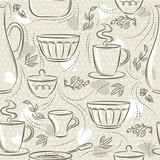 Beige seamless patterns with different tableware, flower, cup, pan. Ideal for printing onto fabric and paper or scrap booking.