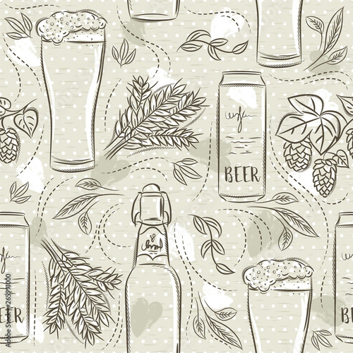Beige seamless patterns with set of beer bottle, mug, barley and hop. Ideal for printing onto fabric and paper or scrap booking.