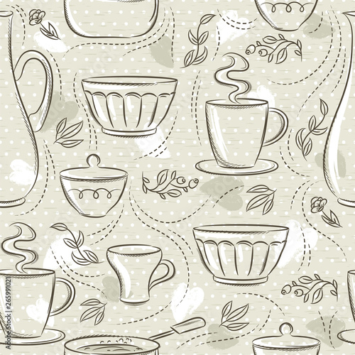 Beige seamless patterns with different tableware, flower, cup, pan. Ideal for printing onto fabric and paper or scrap booking. © sunnyfrog