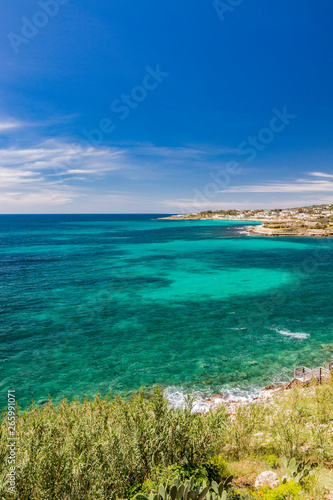 Fototapeta Naklejka Na Ścianę i Meble -  Spectacular view of the Apulian coast in Leuca, in Puglia, Salento, Italy. Turquoise sea, clear blue sky, rocks, sun, wind, white clouds, lush vegetation in summer. Populated area with white houses.
