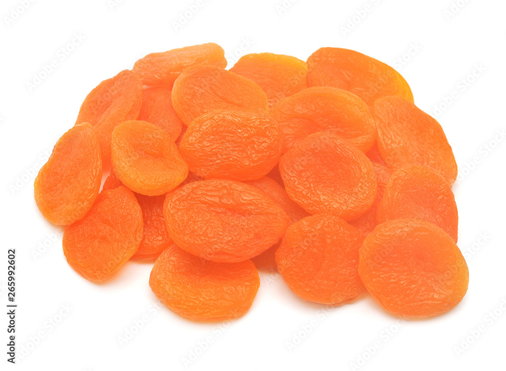 Heap of dried apricots fruit isolated on white background. Top view, flat lay Heap of dried apricots fruit isolated on white background. Top view, flat lay