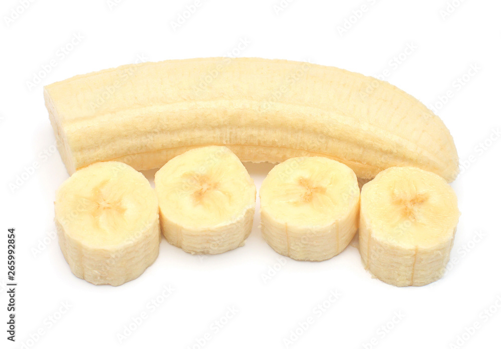Banana half and slice isolated on white background. Top view, flat lay Banana half and slice isolated on white background. Top view, flat lay