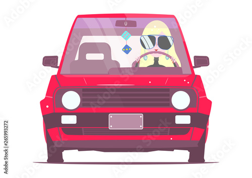 A girl in a car from the eighties in bright colors. Flat vector without gradients and layers.