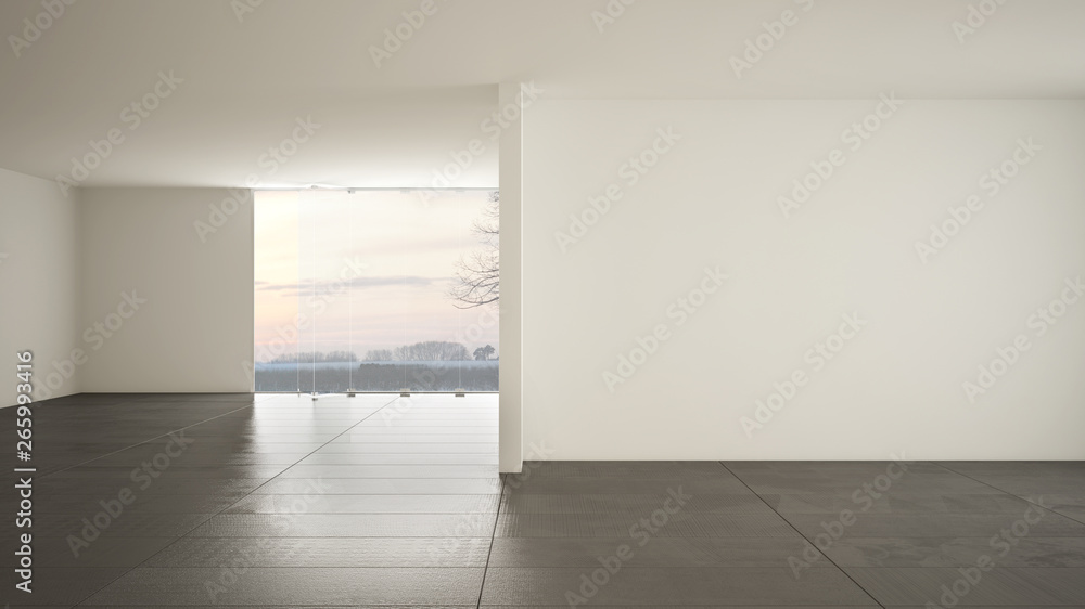 Empty room interior design, open space with big panoramic window on winter meadow with snow, dark gray marble tiles floor, modern contemporary architecture Empty room interior design, open space with big panoramic window on winter meadow with snow, dark gray marble tiles floor, modern contemporary architecture