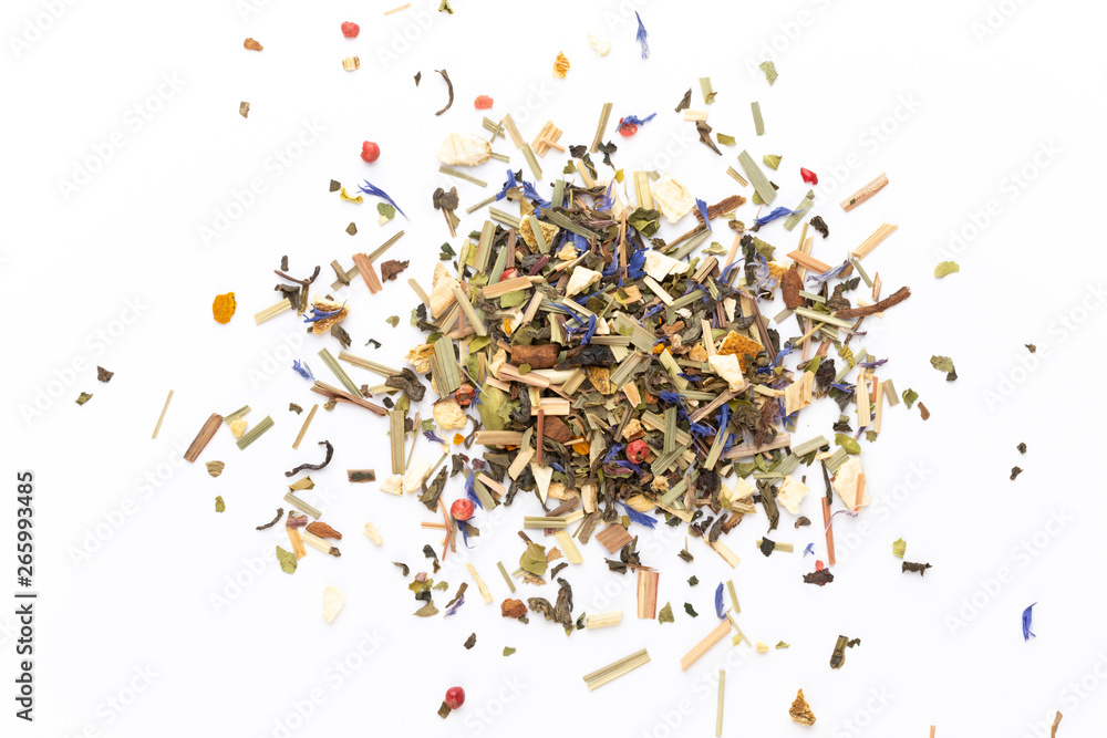 Herbal tea on a white background. Top view. Herbal tea on a white background. Top view.