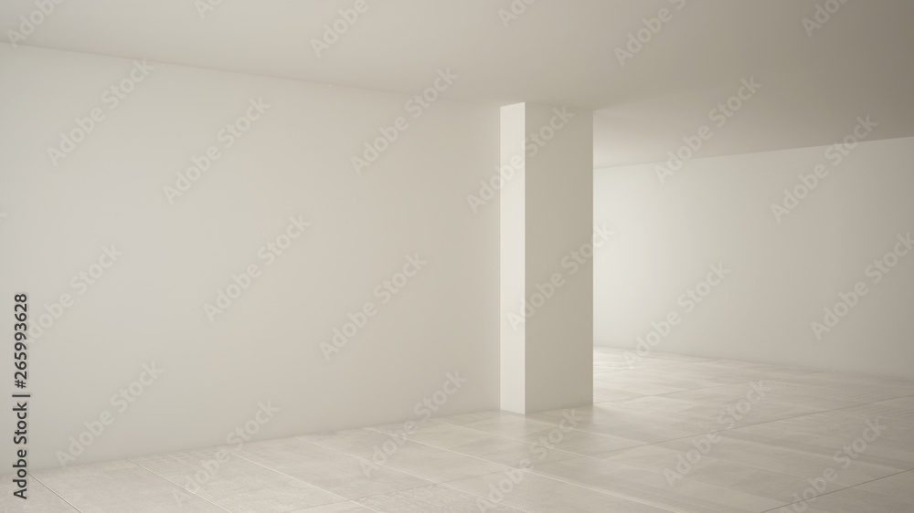 Empty room interior design, open space with big panoramic window on winter meadow with snow, cream marble tiles floor, modern contemporary architecture Empty room interior design, open space with big panoramic window on winter meadow with snow, cream marble tiles floor, modern contemporary architecture