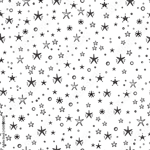 Vector Holiday or Birthday Seamless Pattern with Hand Drawn Doodle Stars. Starry Space Sky Vector Festive Background