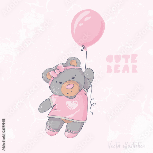 Cute bear flying with a balloon. Happy Birthday. Templete vector illustration.