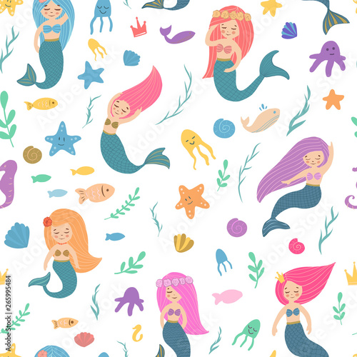 Seamless pattern with beautiful mermaids. Fish, jellyfish, algae and other marine world. Vector illustration. Template the sea elements. © lubashka