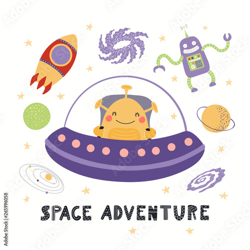 Hand drawn vector illustration of a cute alien in space, with lettering quote Space adventure. Isolated objects on white background. Scandinavian style flat design. Concept for children print.