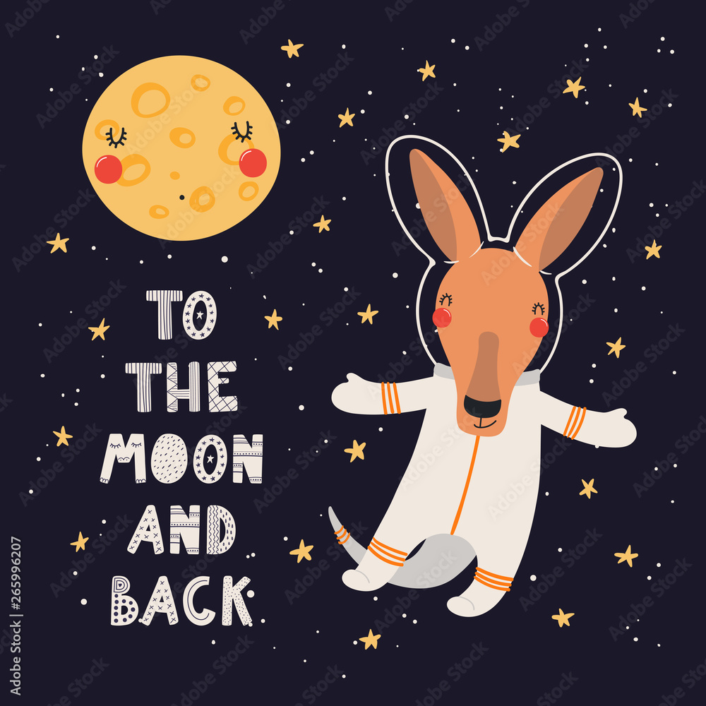 Hand drawn vector illustration of a cute kangaroo astronaut in space ...