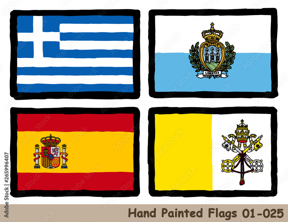 手描きの旗アイコン ギリシャの国旗 サンマリノの国旗 スペインの国旗 バチカンの国旗 Flag Of The Greece San Marino Spain Vatican Hand Drawn Isolated Vector Icon Stock Vector Adobe Stock