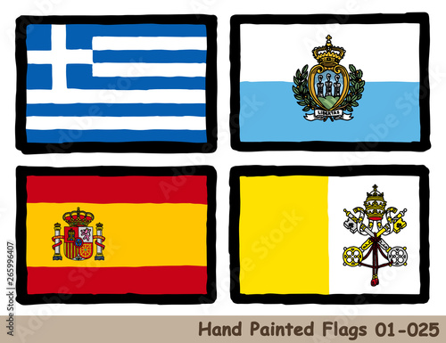 手描きの旗アイコン,ギリシャの国旗,サンマリノの国旗,スペインの国旗,バチカンの国旗 Flag of the Greece, San Marino, Spain, Vatican, hand drawn isolated vector icon.