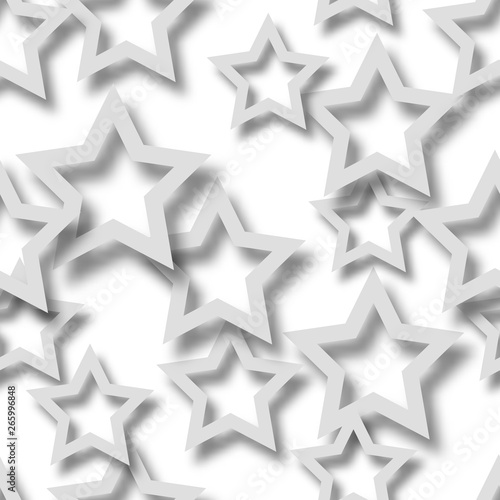 Abstract seamless pattern of randomly arranged gray stars with soft shadows on white background