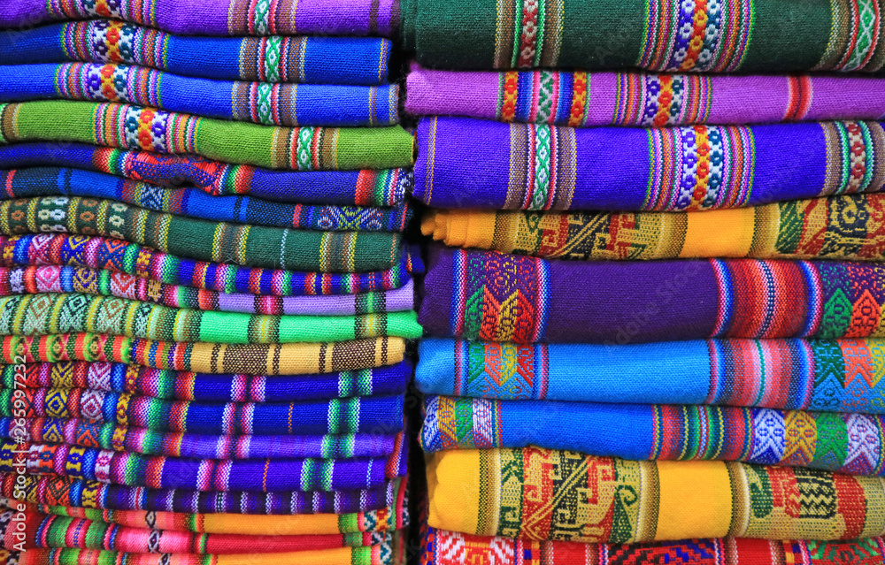 Stacks of Vivid Color Woven Textiles for Sale in the Shop, La Paz, Bolivia, South America 