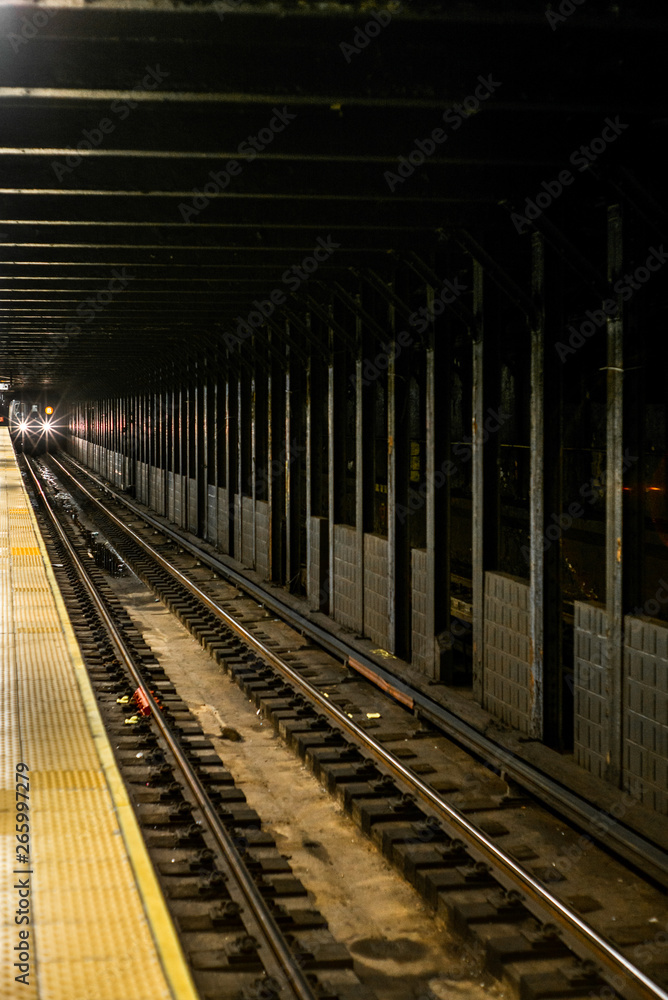 Fototapeta premium Train approaching in the subway station in Manhattan