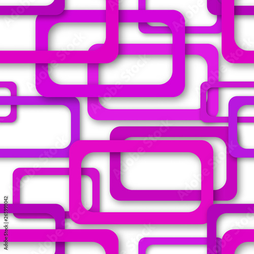 Abstract seamless pattern of randomly arranged purple rectangle frames with soft shadows on white backgrounds